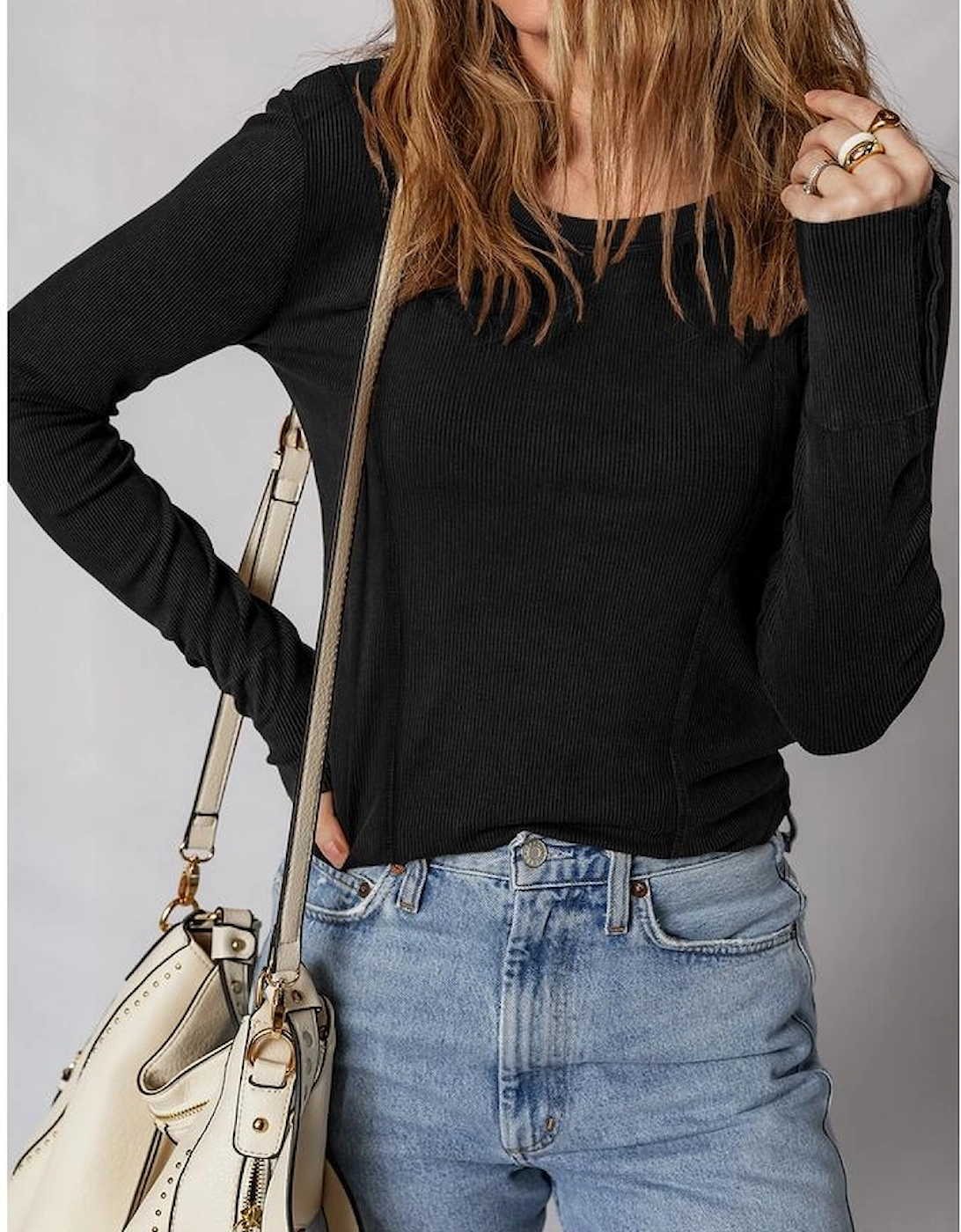 Black Exposed Seam Ribbed Long Sleeve Top