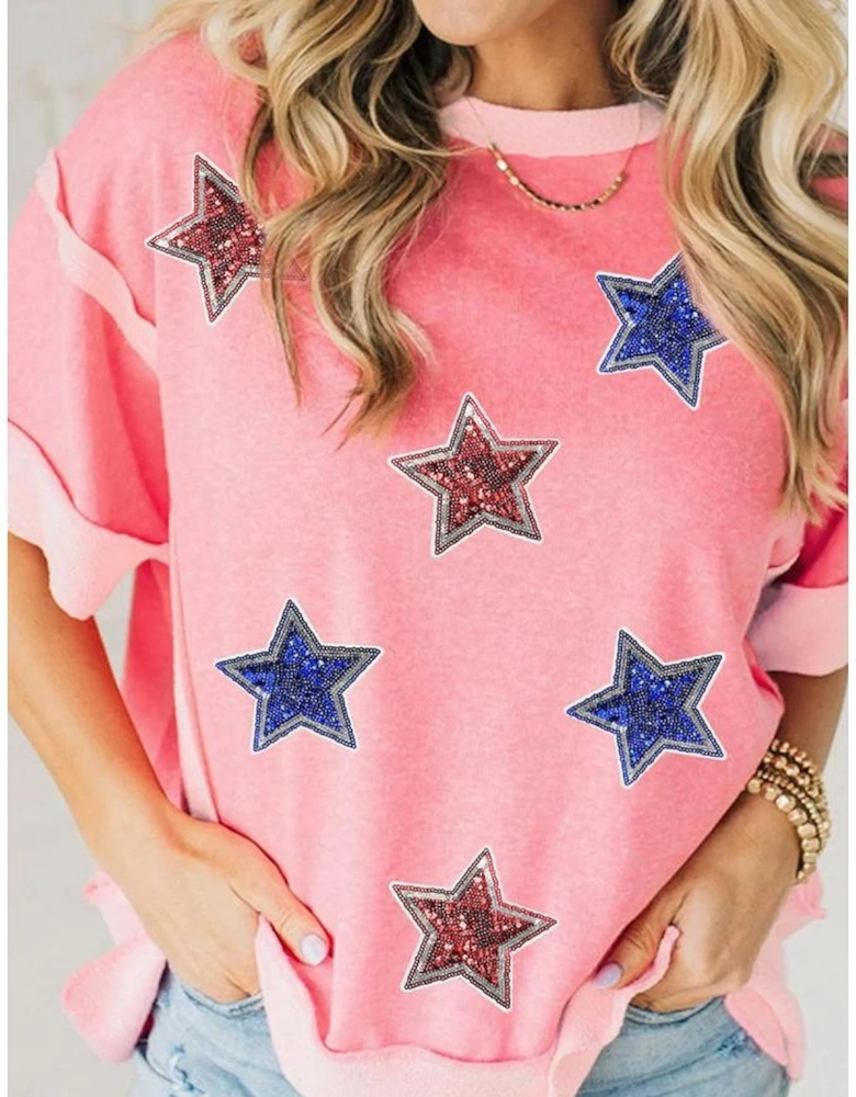 Peach Blossom Independence Day Sequin Star Graphic Contrast Patchwork Tee