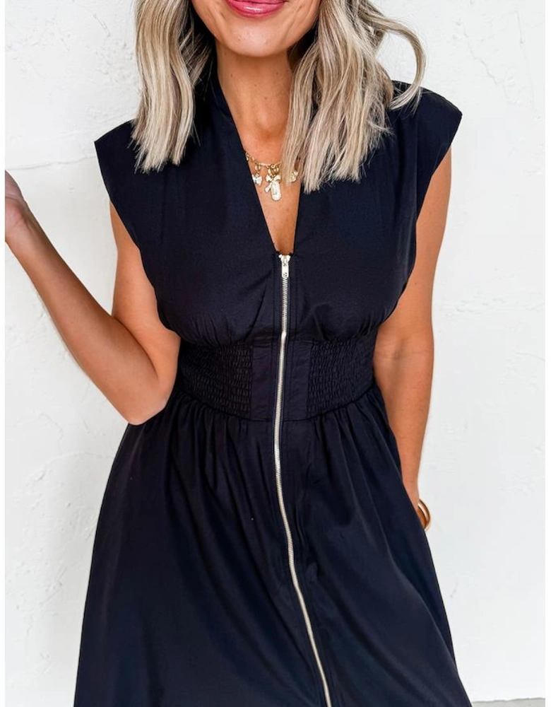 Black Sleeveless Zipped Front V Neck Shirred Waist Maxi Dress