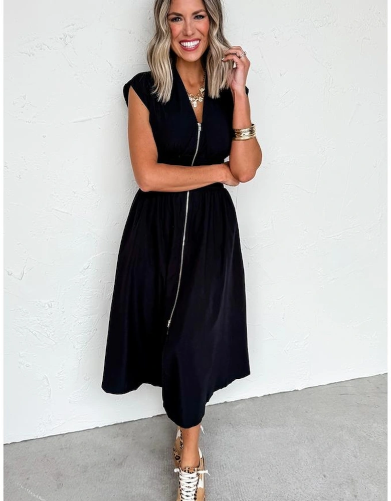 Black Sleeveless Zipped Front V Neck Shirred Waist Maxi Dress