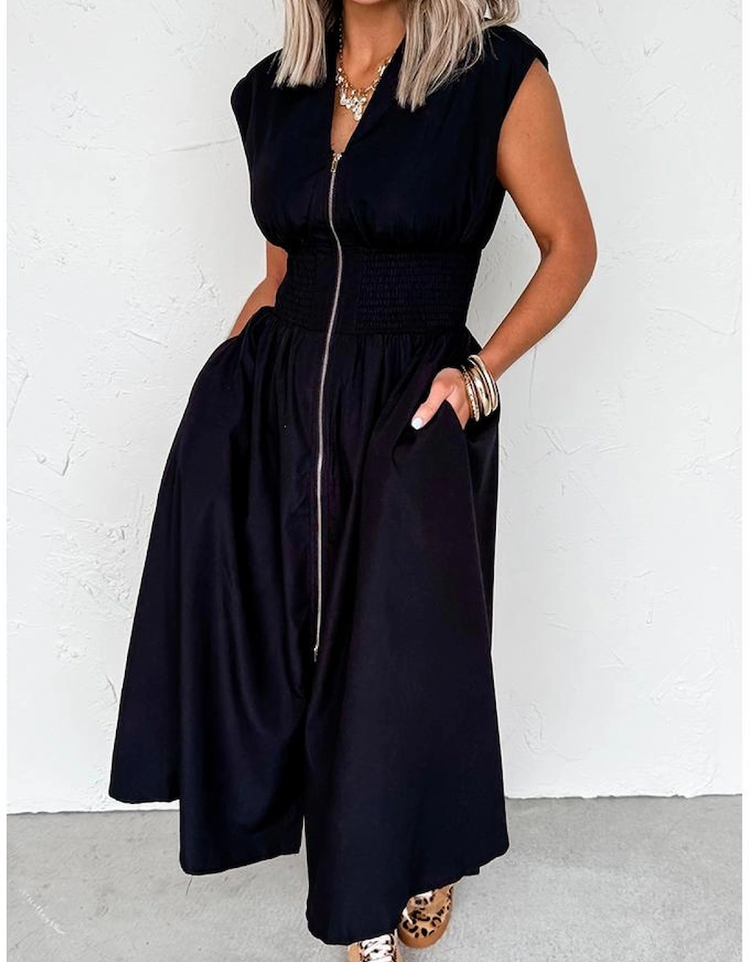 Black Sleeveless Zipped Front V Neck Shirred Waist Maxi Dress, 7 of 6
