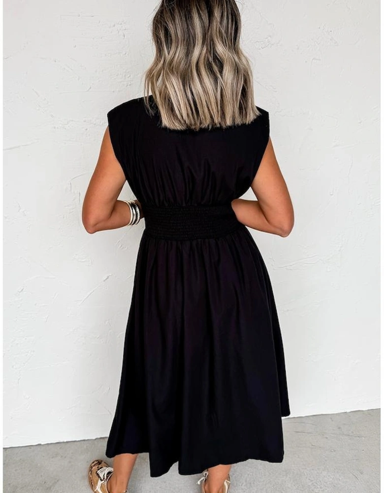 Black Sleeveless Zipped Front V Neck Shirred Waist Maxi Dress