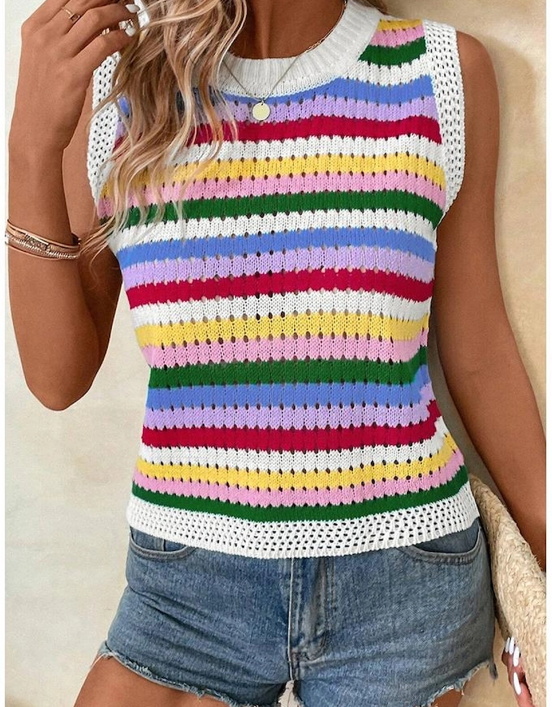 Multicolour Striped Knitted Eyelet Slim Sweater Vest