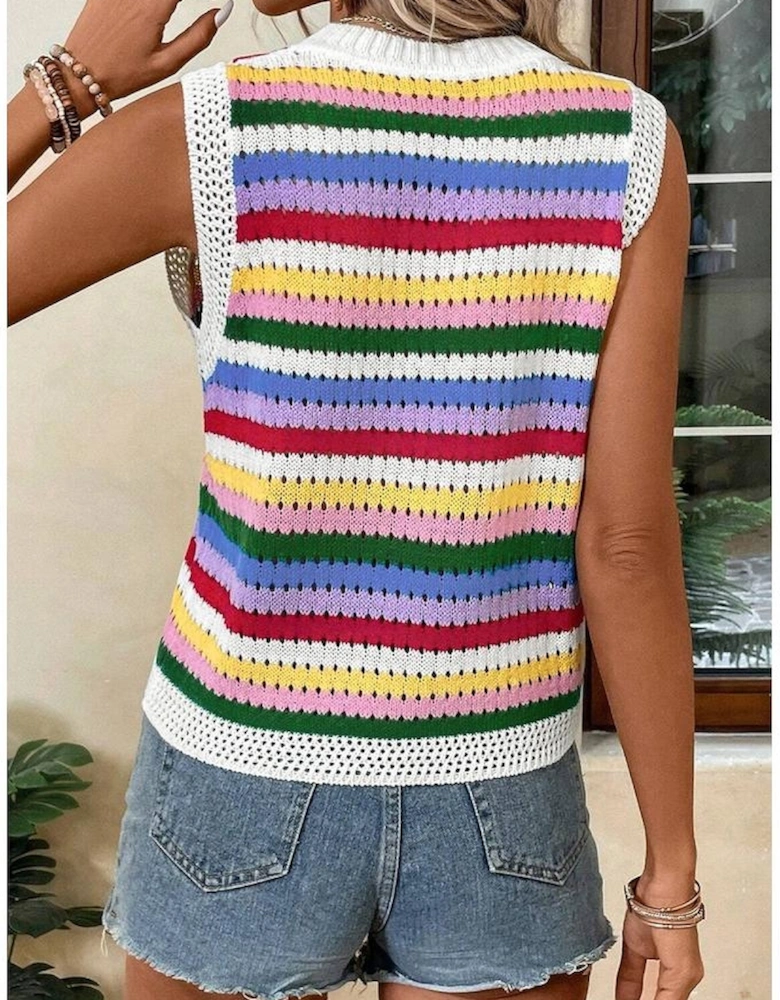 Multicolour Striped Knitted Eyelet Slim Sweater Vest
