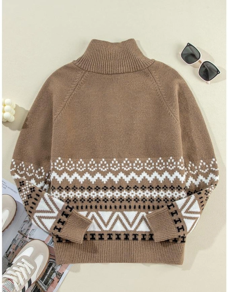 Brown Western Printed Ribbed Trim Collared Zip up Cardigan