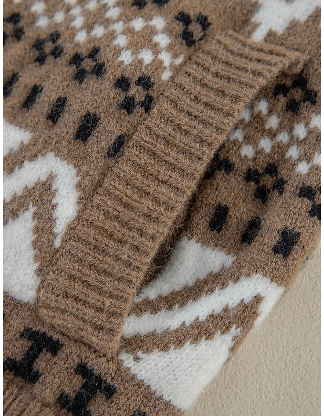 Brown Western Printed Ribbed Trim Collared Zip up Cardigan