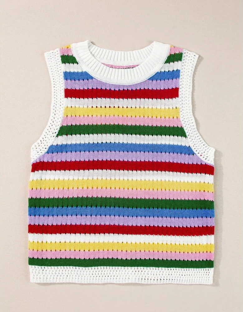 Multicolour Striped Knitted Eyelet Slim Sweater Vest