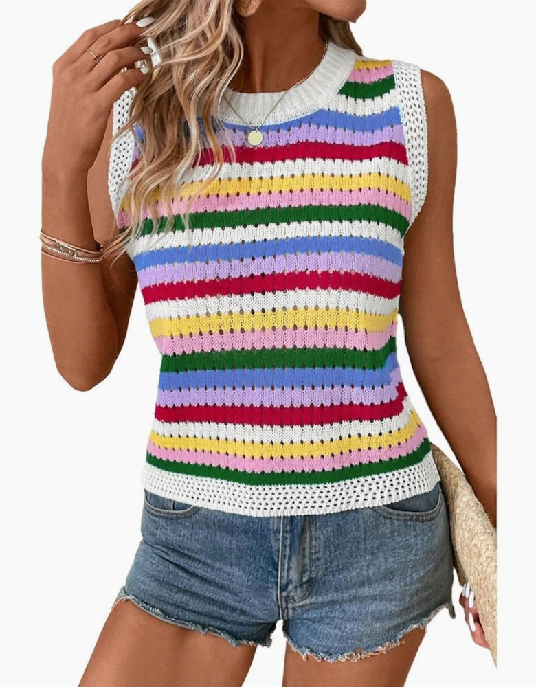 Multicolour Striped Knitted Eyelet Slim Sweater Vest