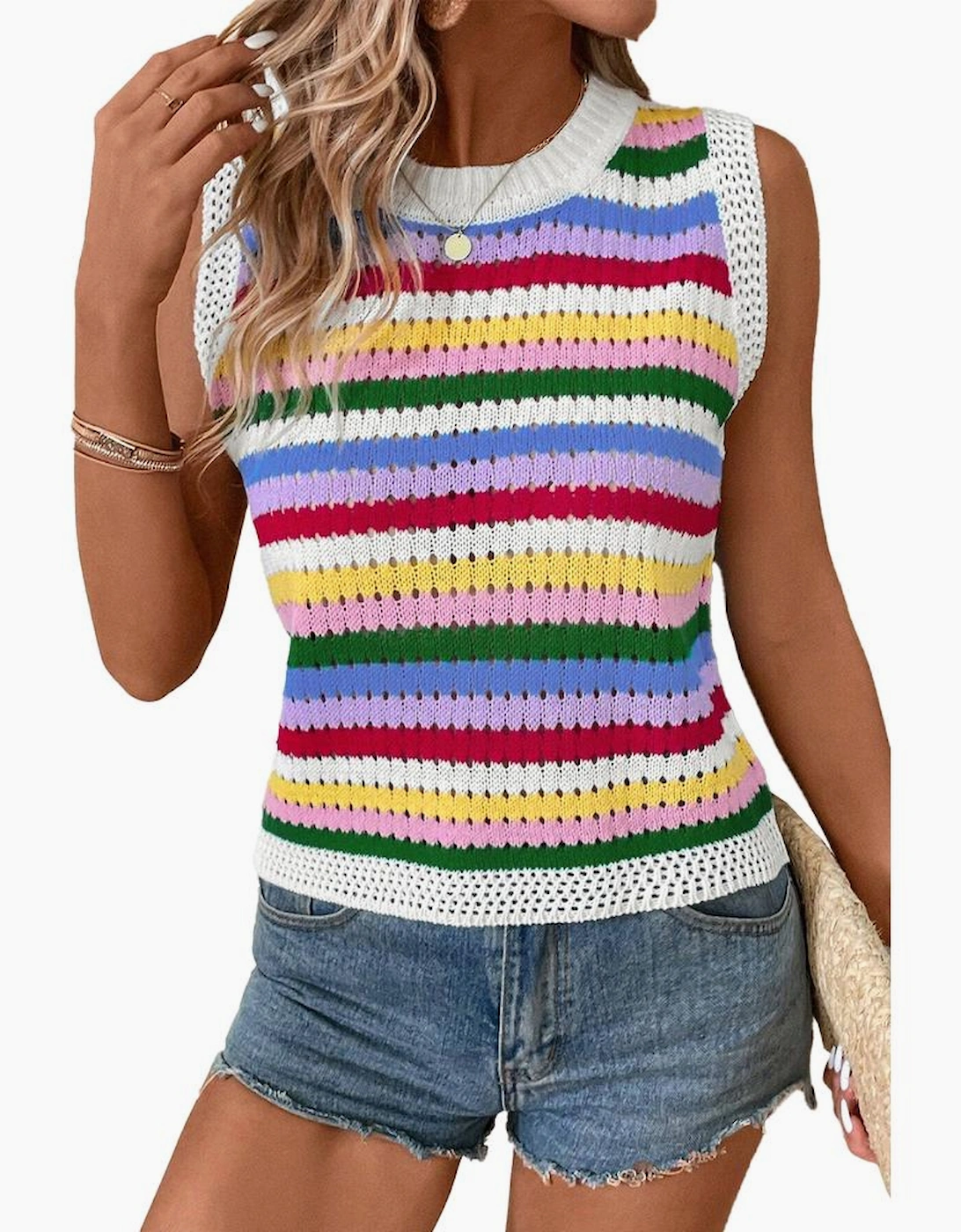 Multicolour Striped Knitted Eyelet Slim Sweater Vest