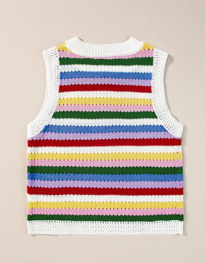 Multicolour Striped Knitted Eyelet Slim Sweater Vest