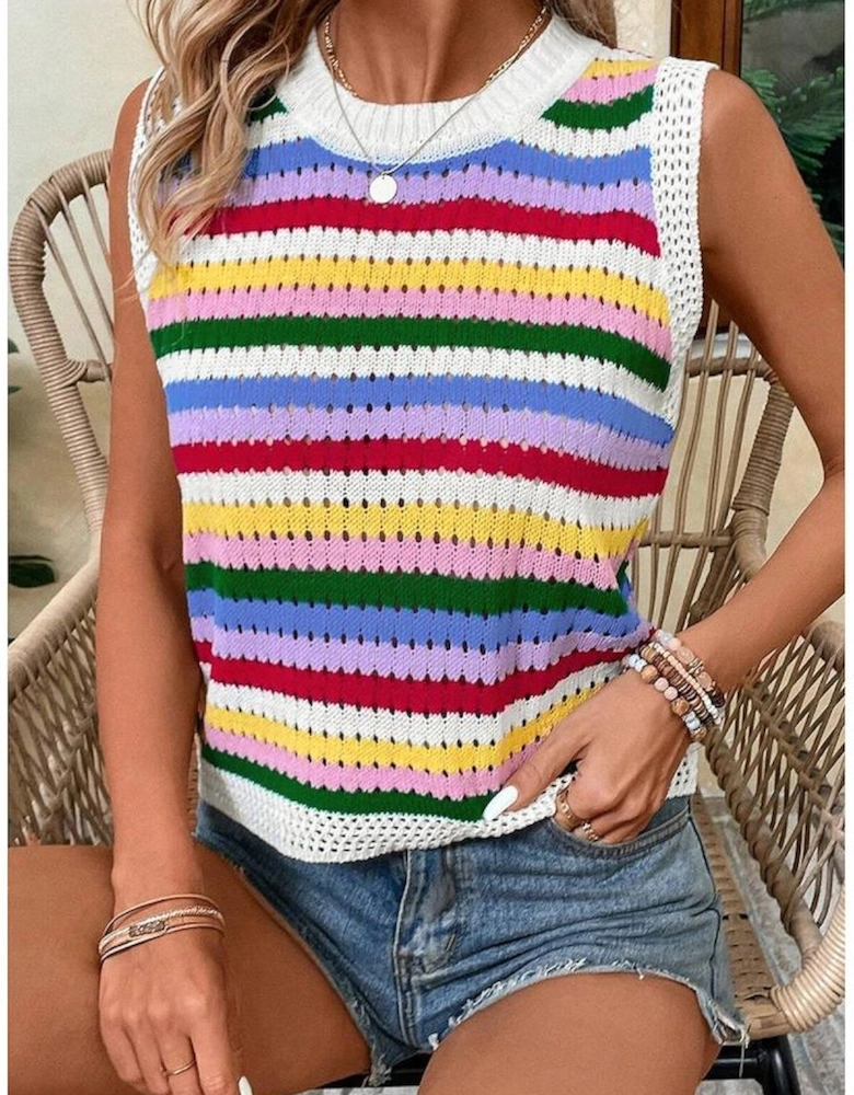 Multicolour Striped Knitted Eyelet Slim Sweater Vest