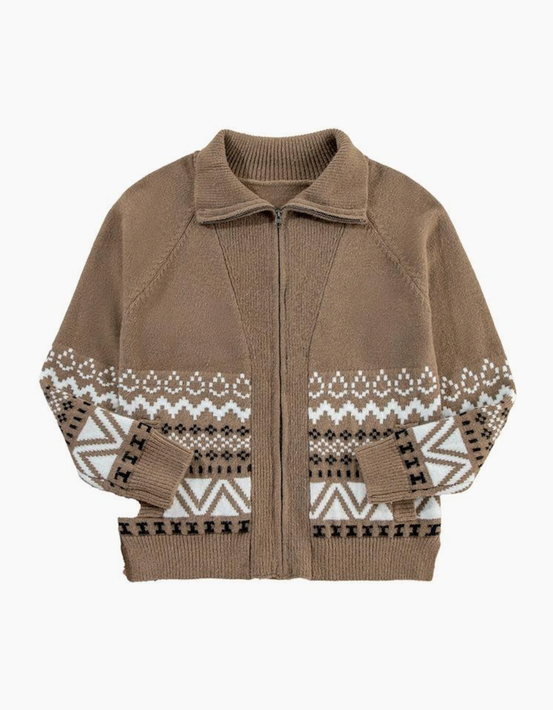 Brown Western Printed Ribbed Trim Collared Zip up Cardigan