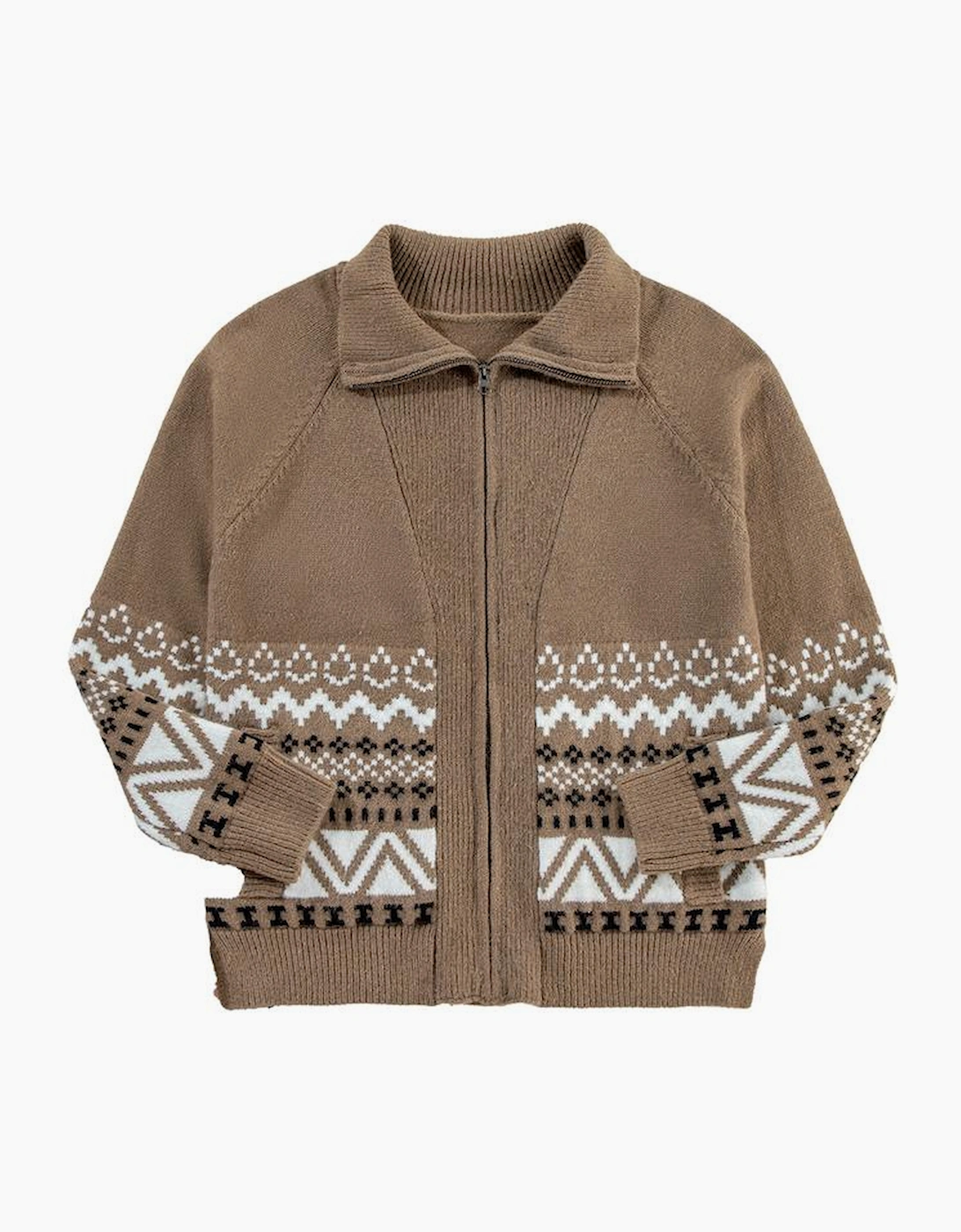 Brown Western Printed Ribbed Trim Collared Zip up Cardigan