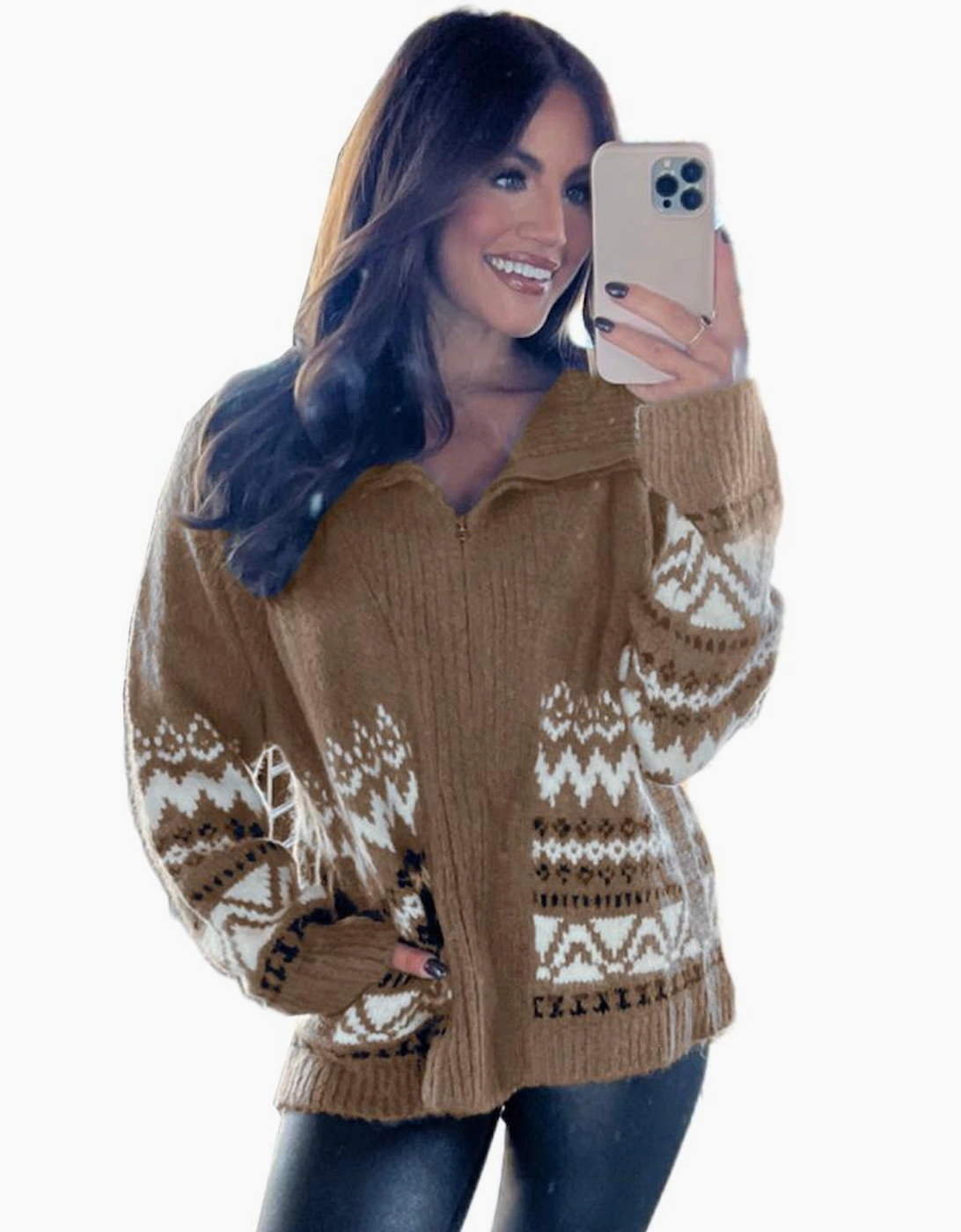 Brown Western Printed Ribbed Trim Collared Zip up Cardigan