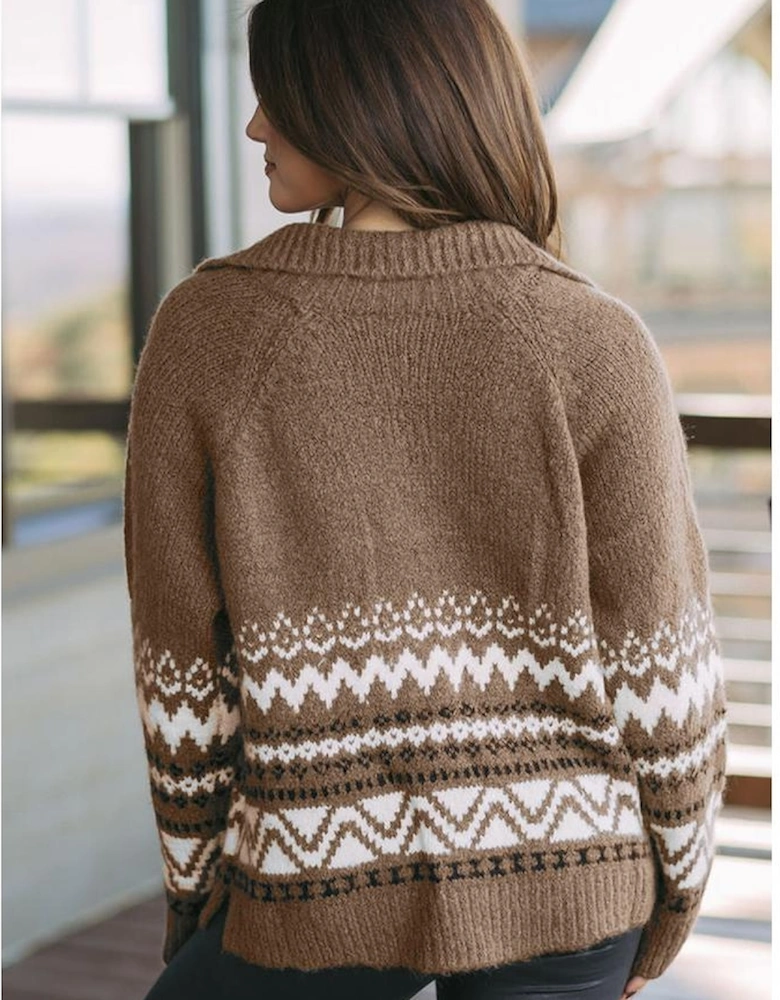 Brown Western Printed Ribbed Trim Collared Zip up Cardigan