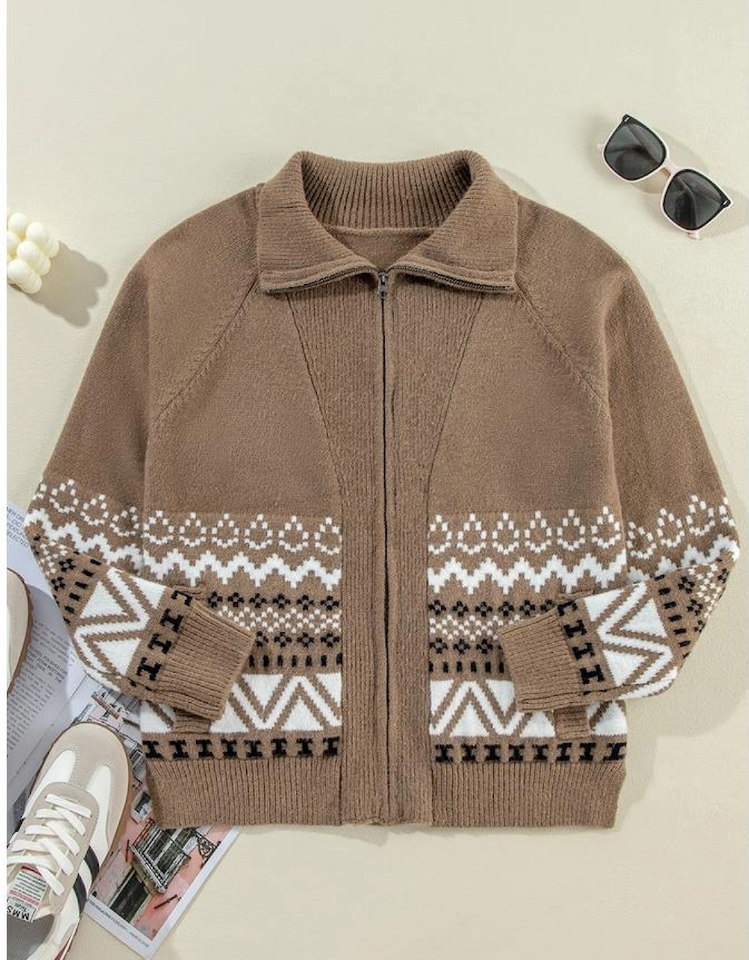 Brown Western Printed Ribbed Trim Collared Zip up Cardigan
