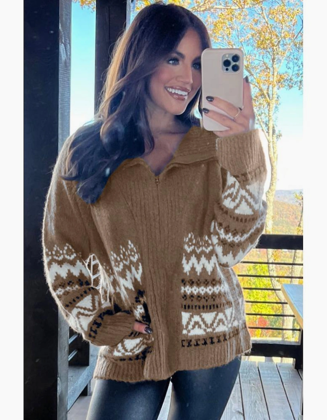 Brown Western Printed Ribbed Trim Collared Zip up Cardigan