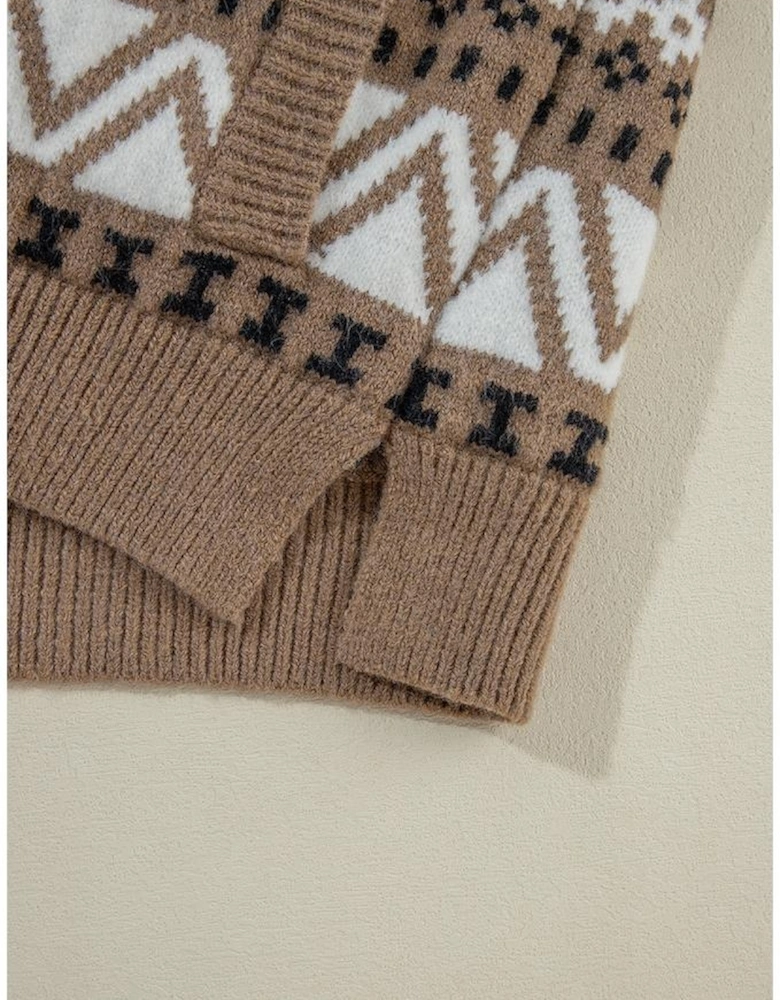 Brown Western Printed Ribbed Trim Collared Zip up Cardigan
