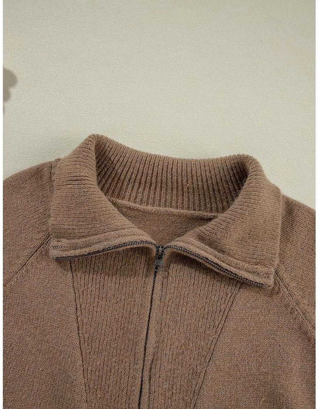 Brown Western Printed Ribbed Trim Collared Zip up Cardigan