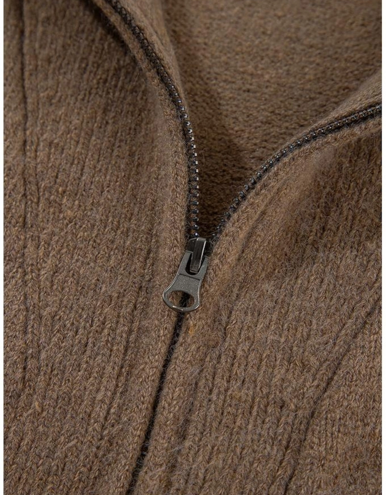 Brown Western Printed Ribbed Trim Collared Zip up Cardigan