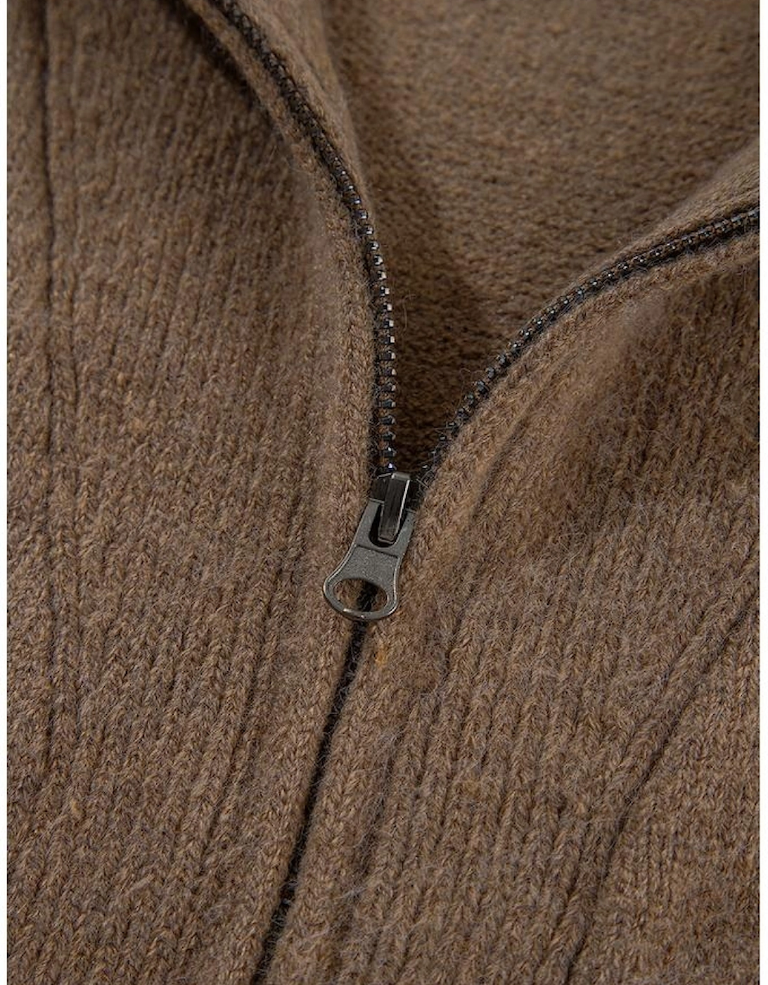 Brown Western Printed Ribbed Trim Collared Zip up Cardigan