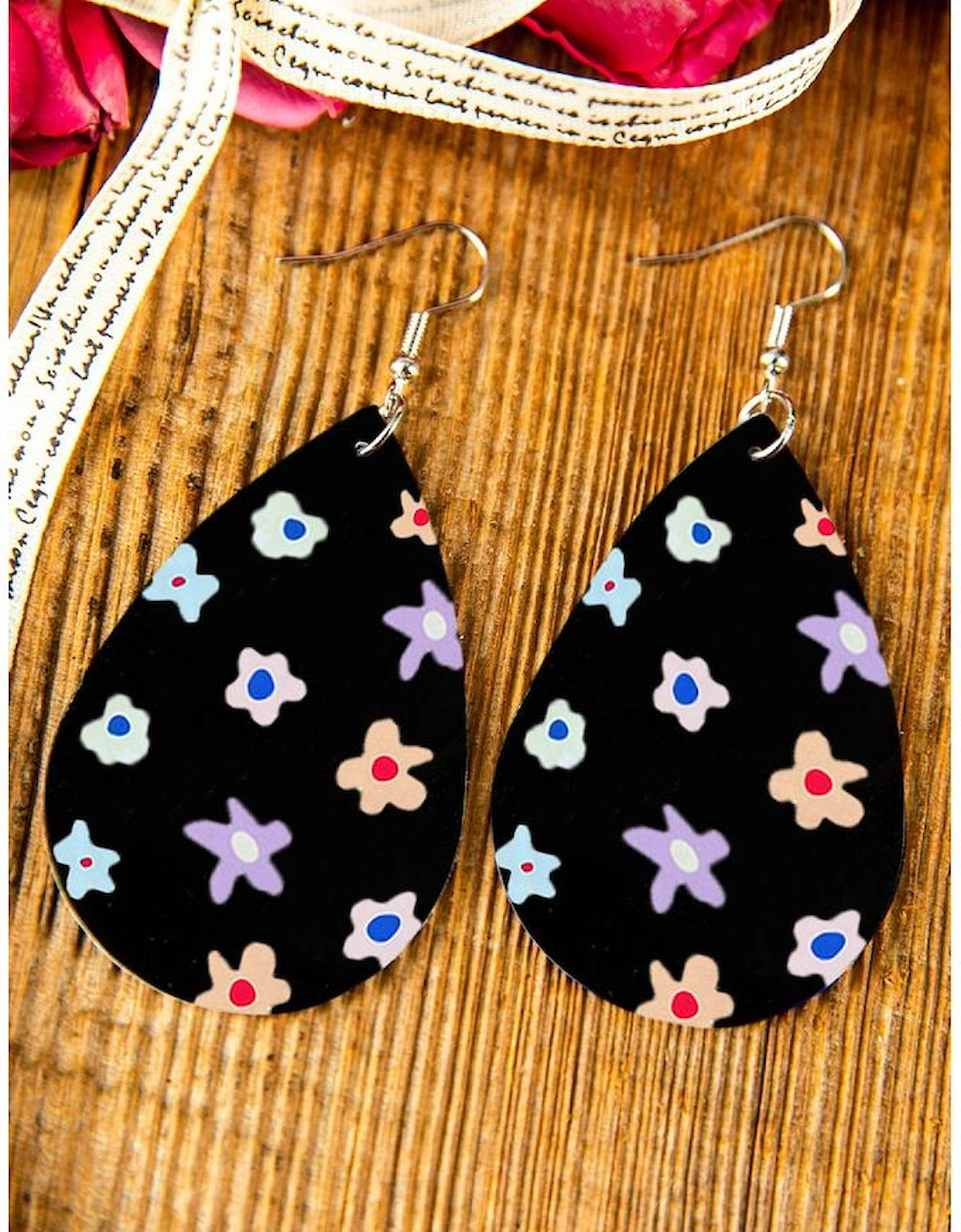 Azura Exchange Water Drop Hook Earrings with Floral Print, 3 of 2