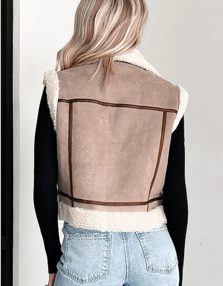 Dark Khaki Sherpa Lined Faux Suede Lapel Collar Vest