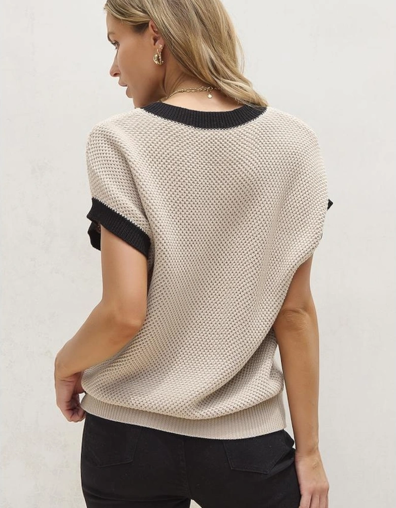 Light French Beige Contrast Trim Round Neck Batwing Sleeve Sweater Top