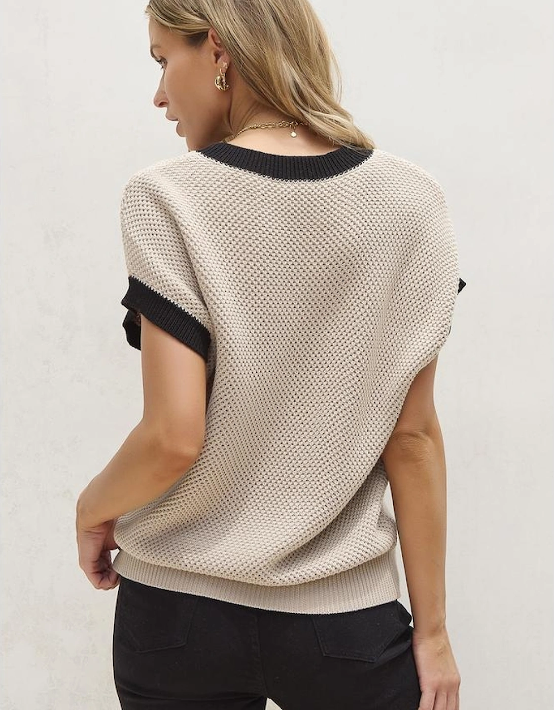 Light French Beige Contrast Trim Round Neck Batwing Sleeve Sweater Top