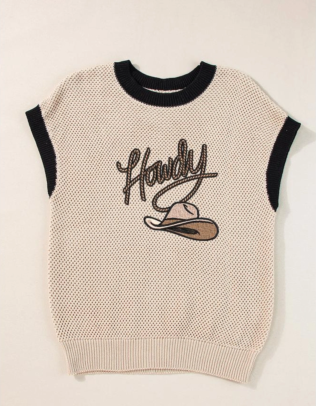 Light French Beige Howdy Cowboy Hat Embroidered Short Sleeve Sweater