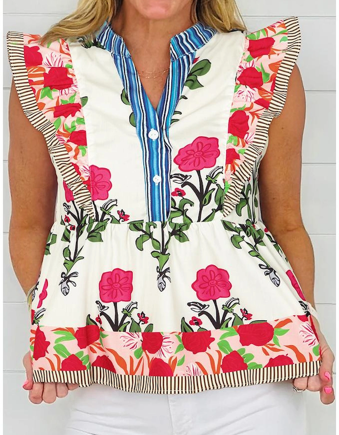 Pink Floral Print Tie Neck Striped Detail Flutter Sleeve Blouse