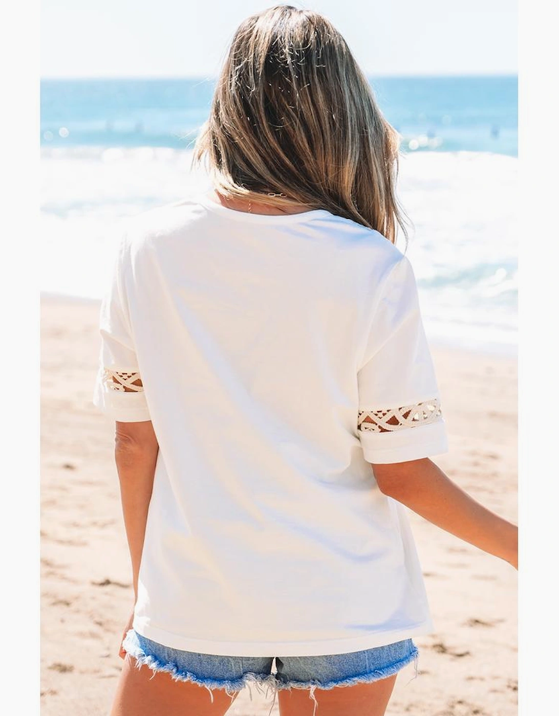 White Lace Crochet Crew Neck Casual T Shirt, 15 of 14