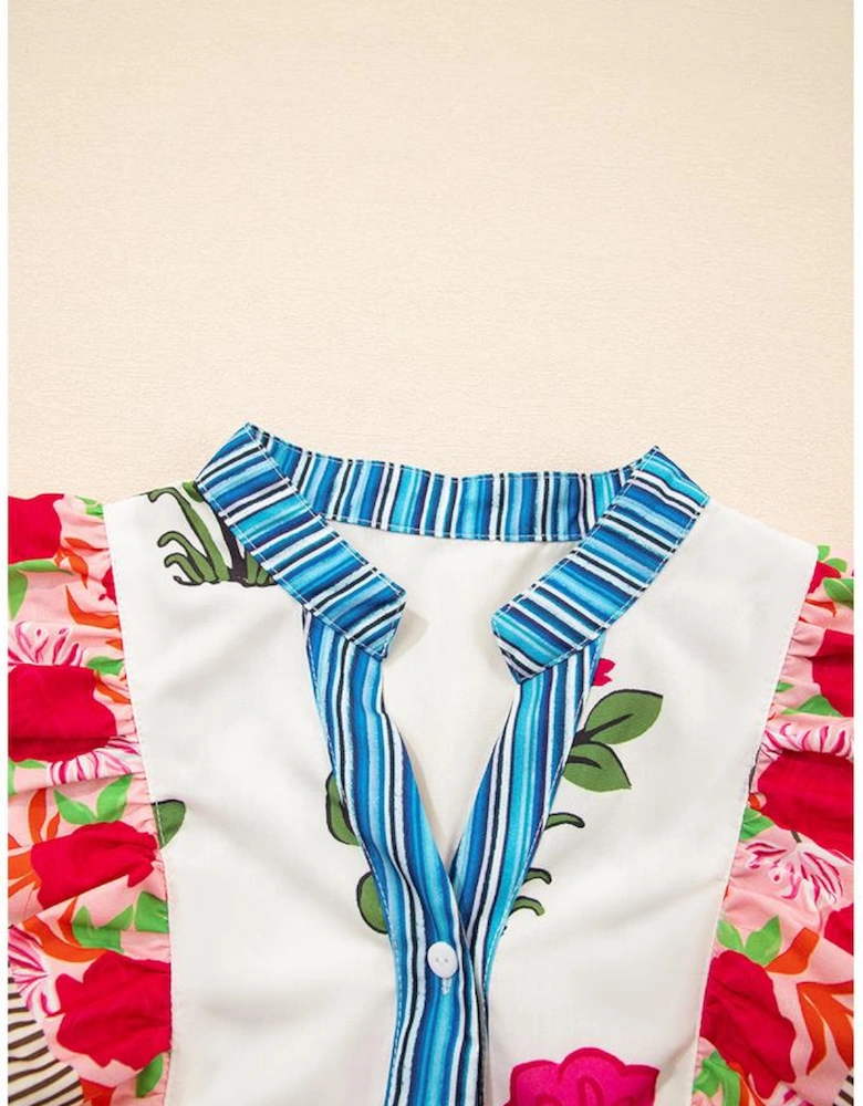 Pink Floral Print Tie Neck Striped Detail Flutter Sleeve Blouse