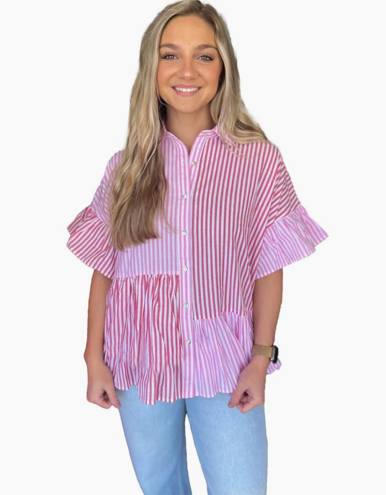Pink Stripe Striped Patchwork Ruffled Hem Button up Shirt