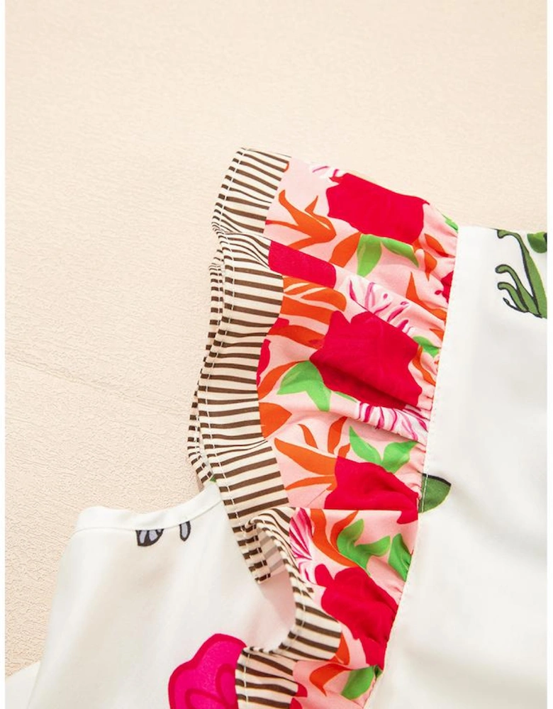 Pink Floral Print Tie Neck Striped Detail Flutter Sleeve Blouse