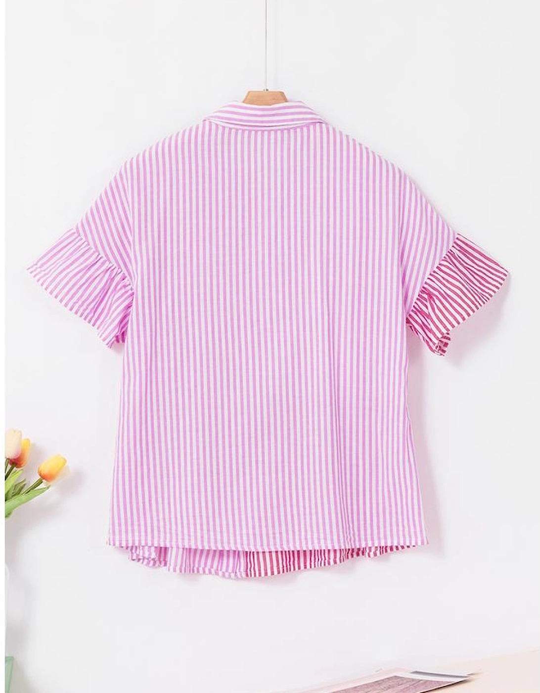 Pink Stripe Striped Patchwork Ruffled Hem Button up Shirt