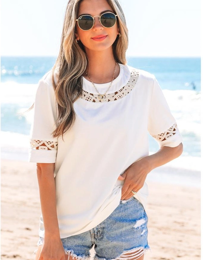 White Lace Crochet Crew Neck Casual T Shirt