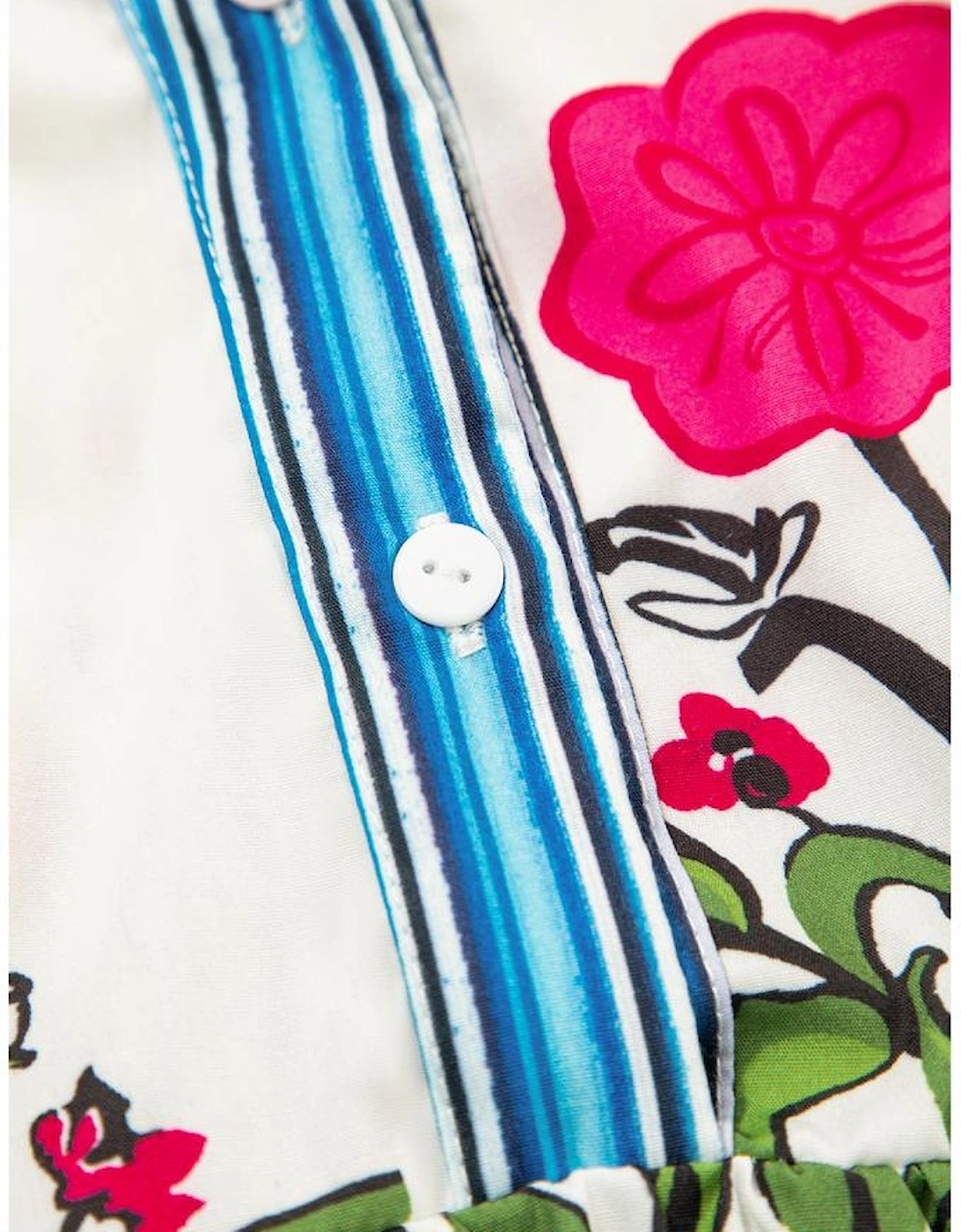 Pink Floral Print Tie Neck Striped Detail Flutter Sleeve Blouse