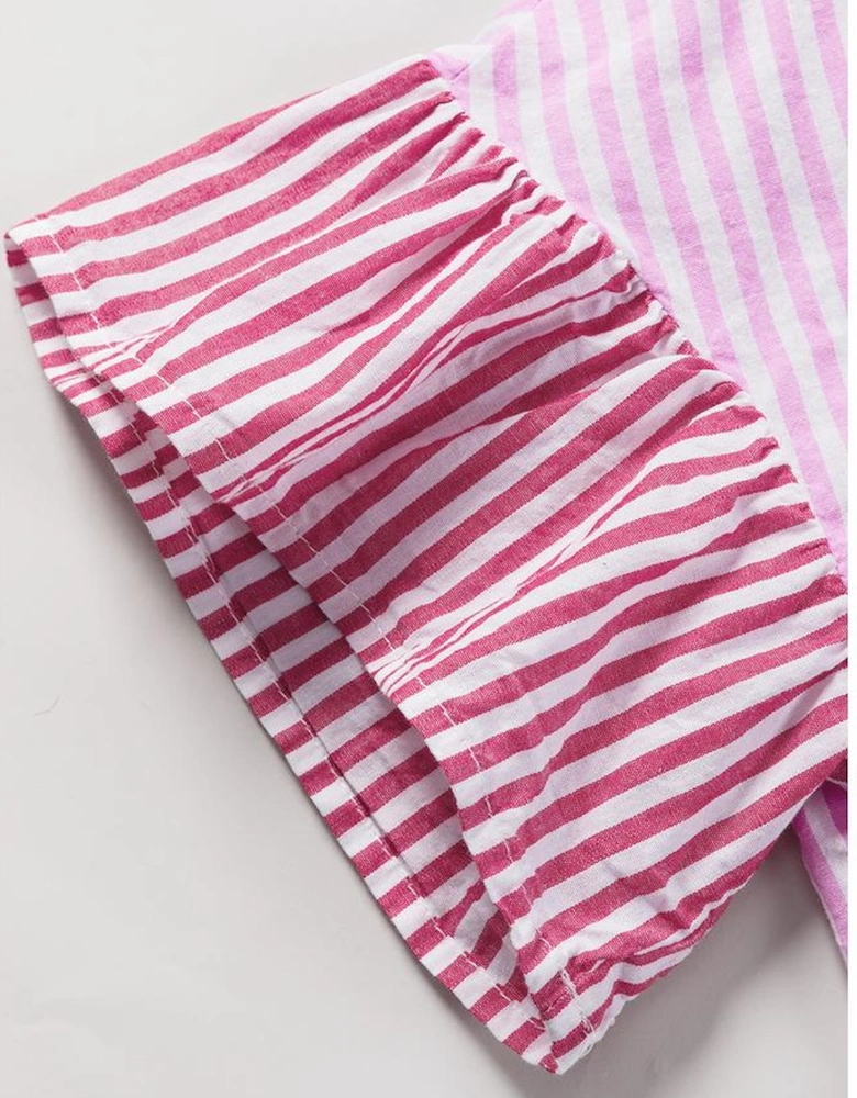 Pink Stripe Striped Patchwork Ruffled Hem Button up Shirt