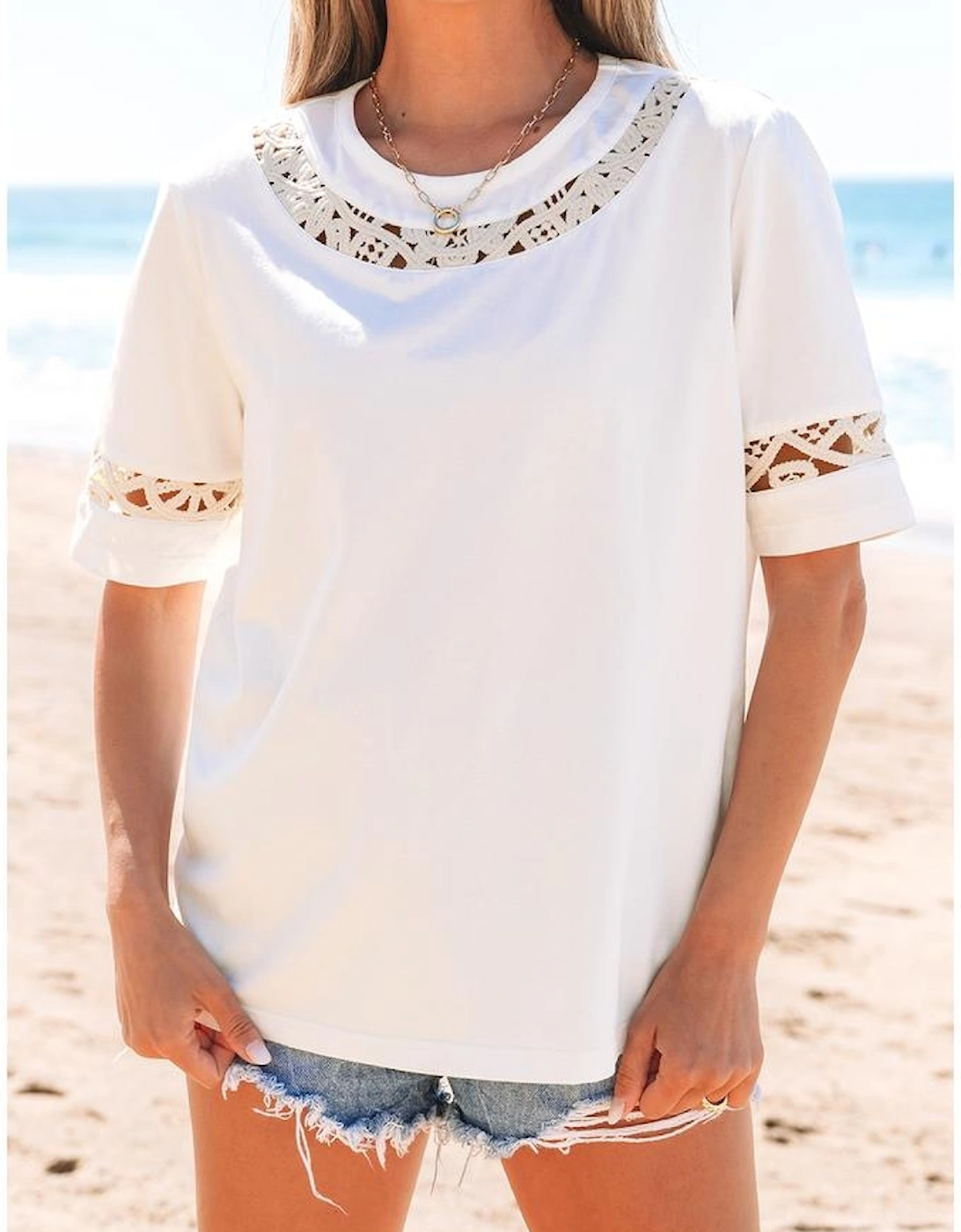 White Lace Crochet Crew Neck Casual T Shirt