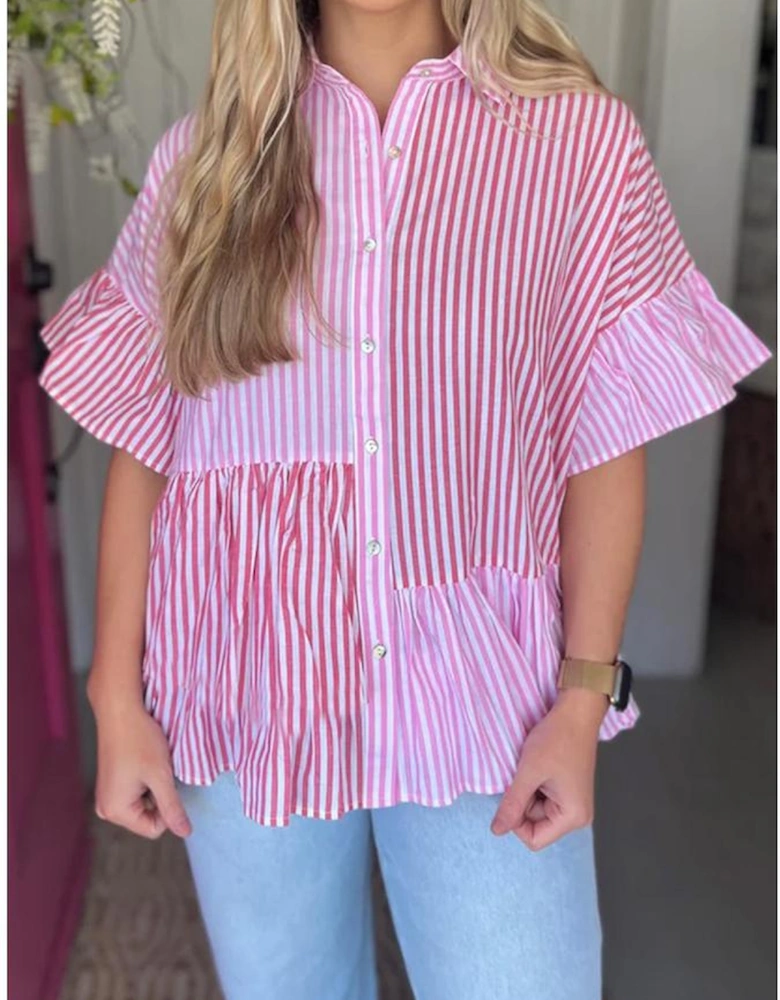 Pink Stripe Striped Patchwork Ruffled Hem Button up Shirt