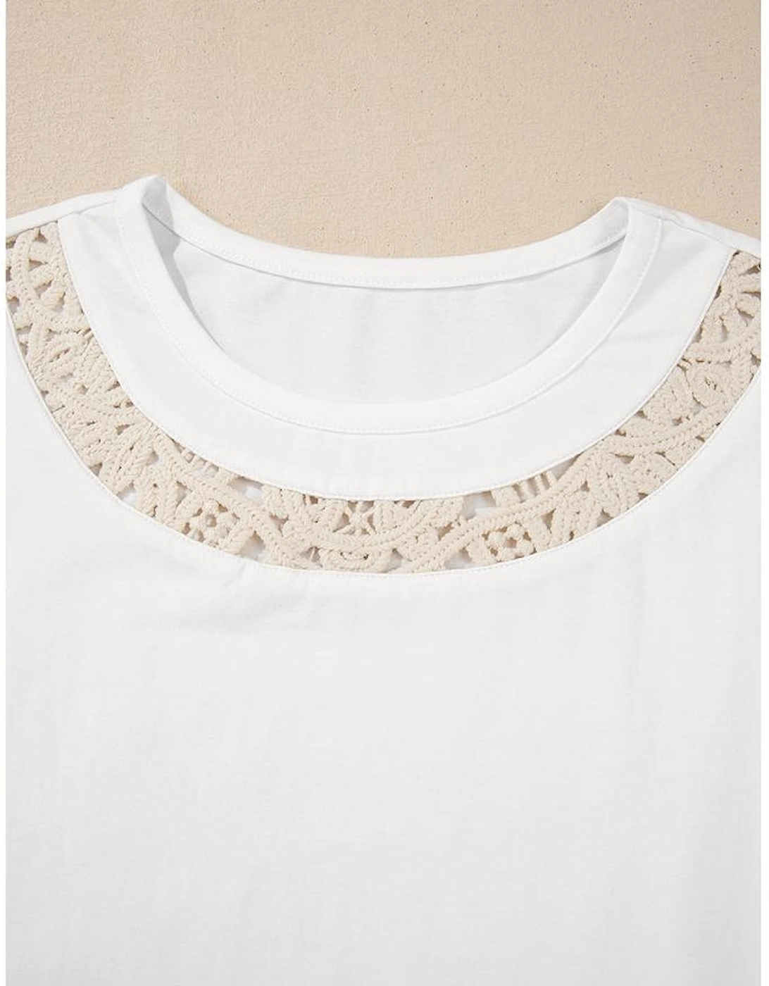 White Lace Crochet Crew Neck Casual T Shirt