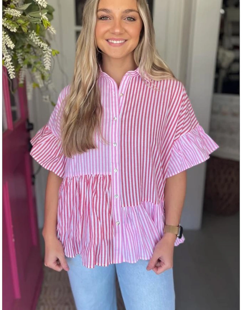Pink Stripe Striped Patchwork Ruffled Hem Button up Shirt