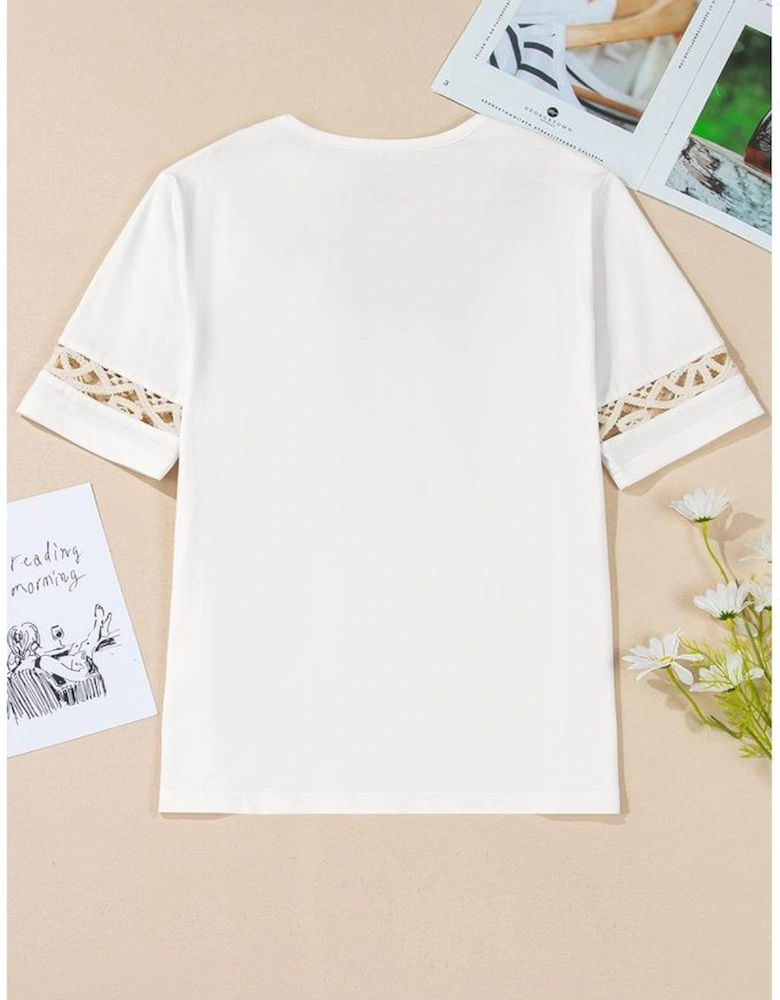 White Lace Crochet Crew Neck Casual T Shirt