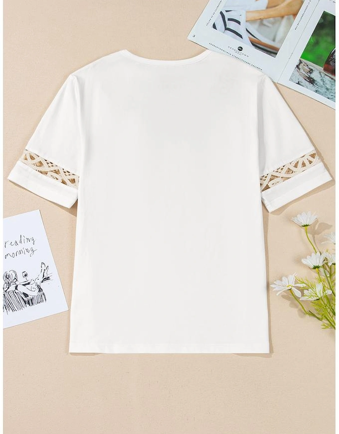 White Lace Crochet Crew Neck Casual T Shirt