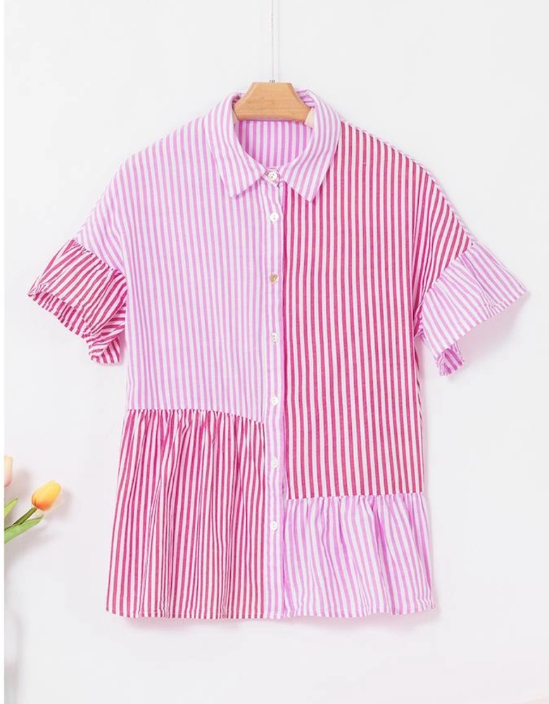 Pink Stripe Striped Patchwork Ruffled Hem Button up Shirt