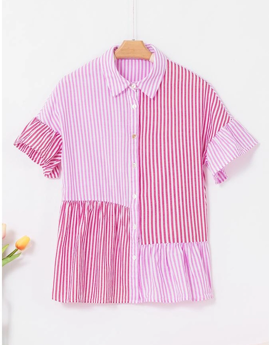Pink Stripe Striped Patchwork Ruffled Hem Button up Shirt