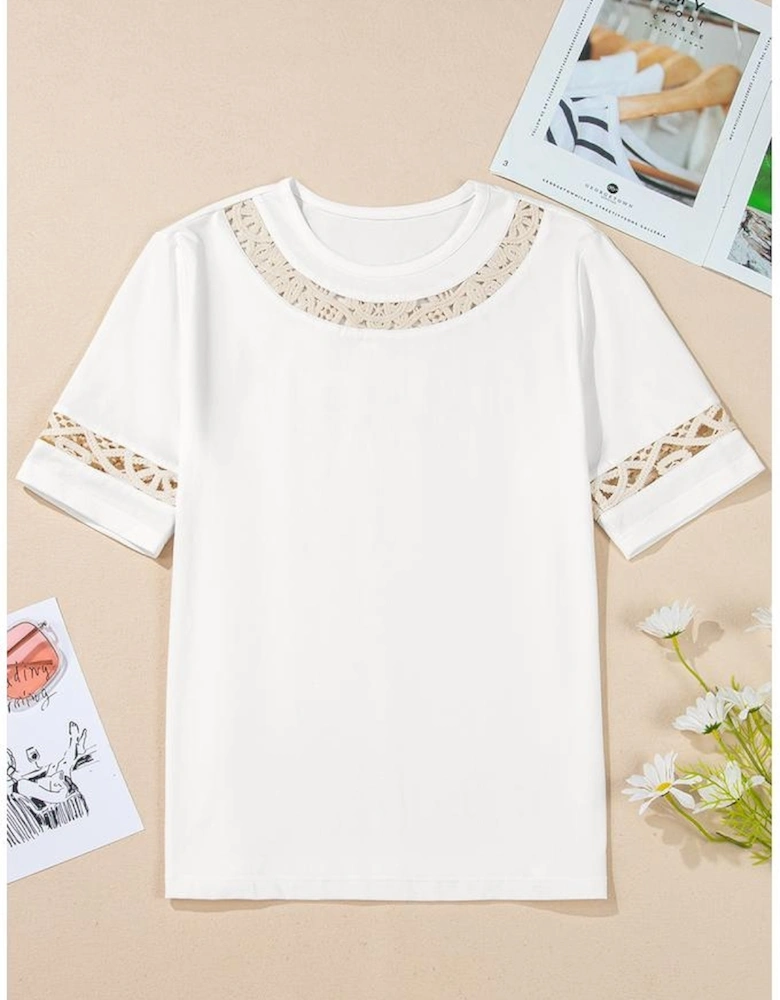 White Lace Crochet Crew Neck Casual T Shirt