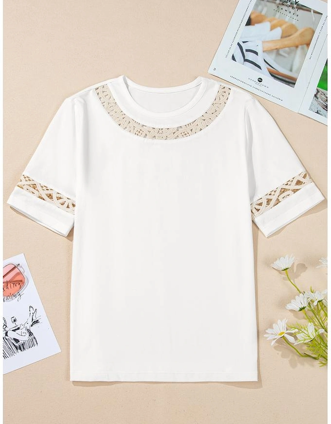 White Lace Crochet Crew Neck Casual T Shirt