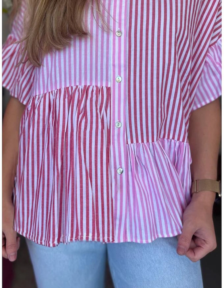 Pink Stripe Striped Patchwork Ruffled Hem Button up Shirt